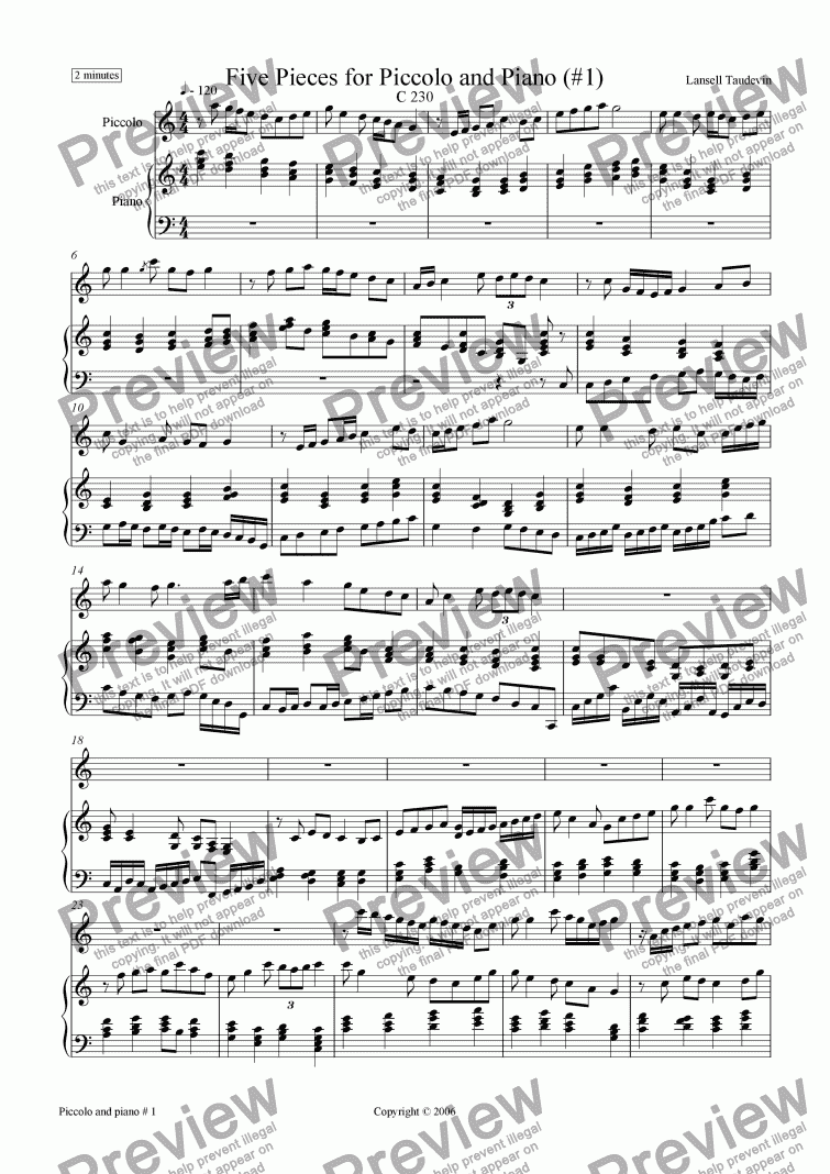 page one of Five Pieces for Piccolo and PIano # 1