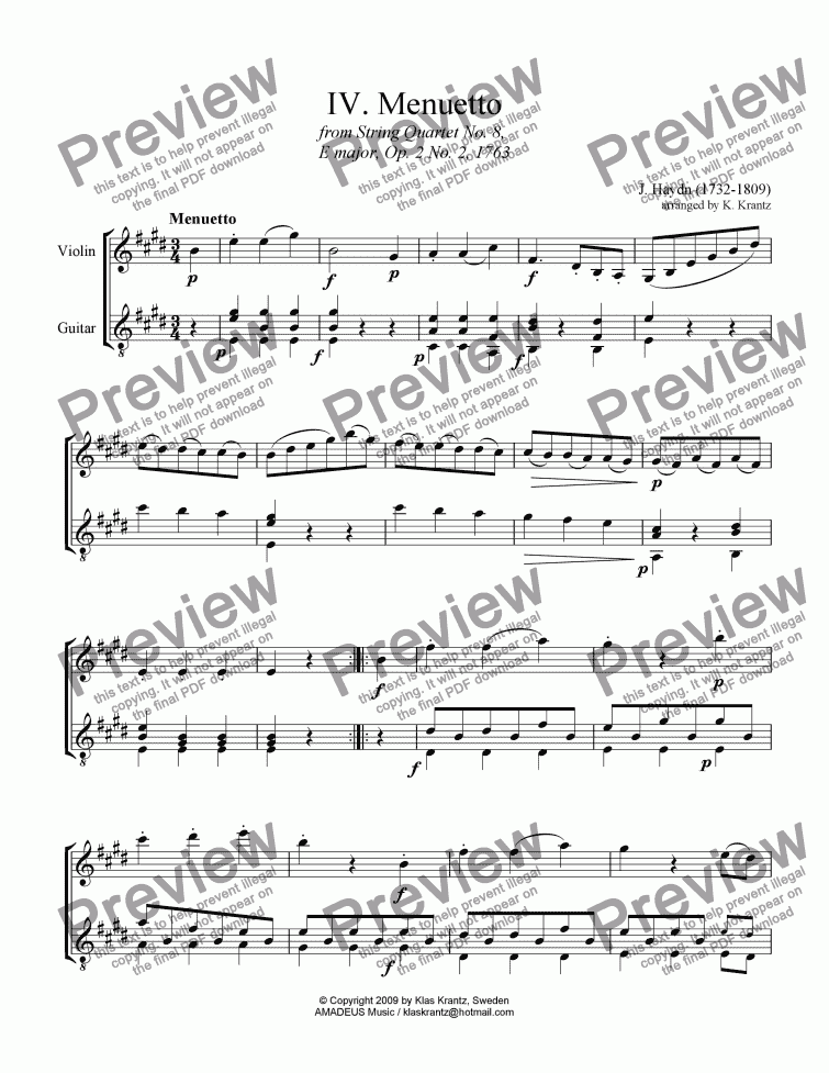 page one of Menuetto for violin and guitar