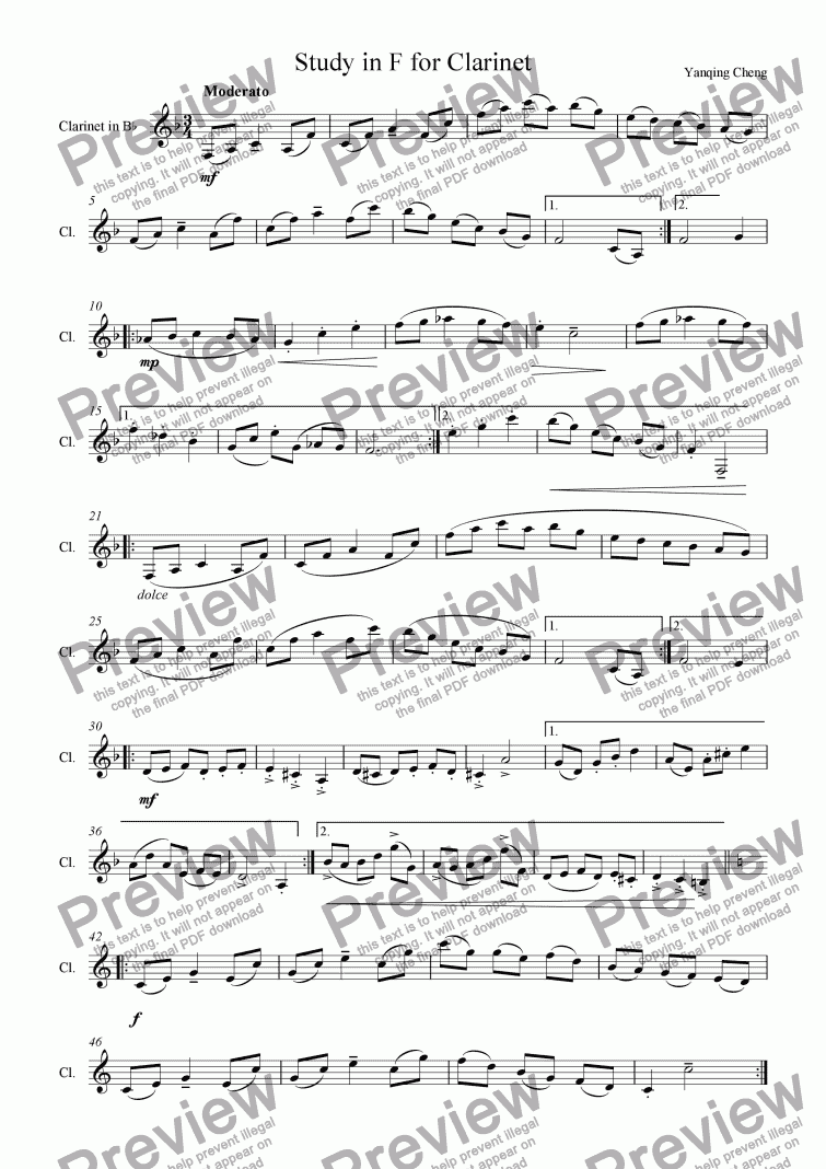 page one of Study in F for Clarinet