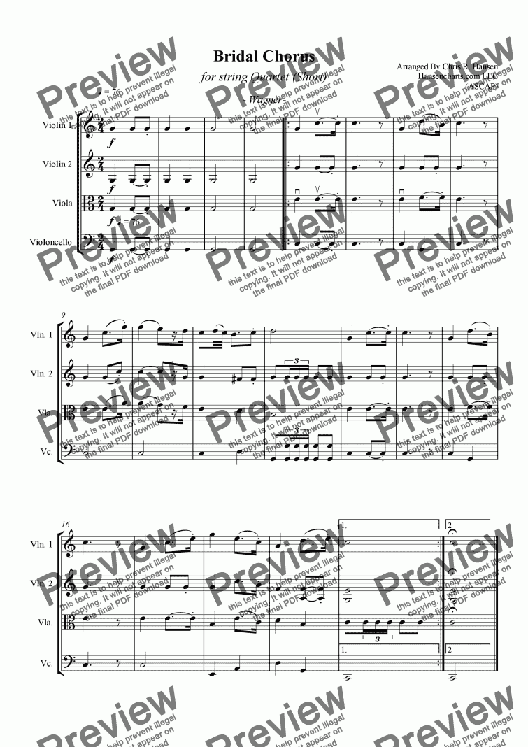 page one of Bridal Chorus for string Quartet (Short)