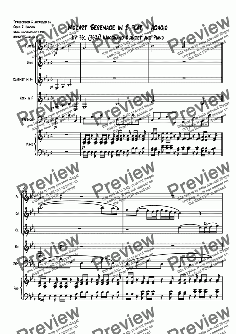 page one of Mozart Serenade in B flat - Adagio - woodwind quintet with piano