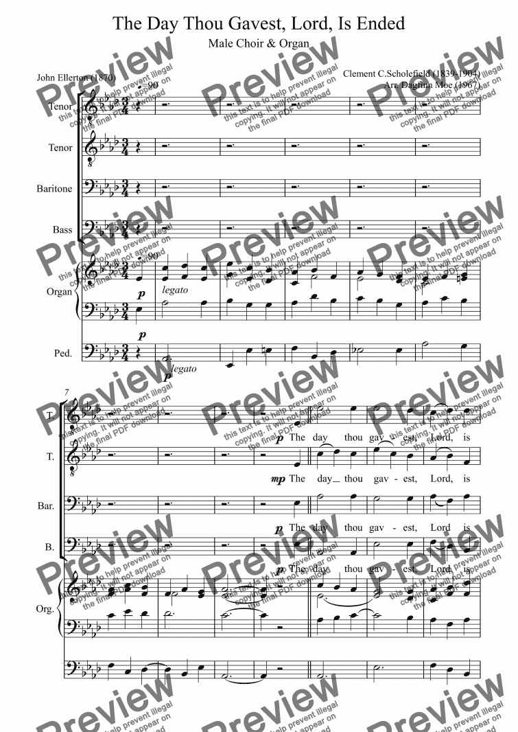 page one of The Day Thou Gavest, Lord, Is Ended  (Male Choir & Organ)