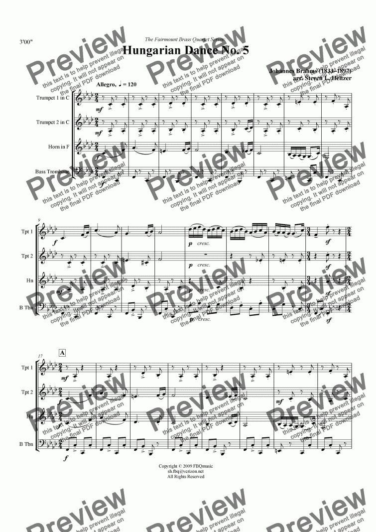 page one of Hungarian Dance No. 5 - Brass QUARTET