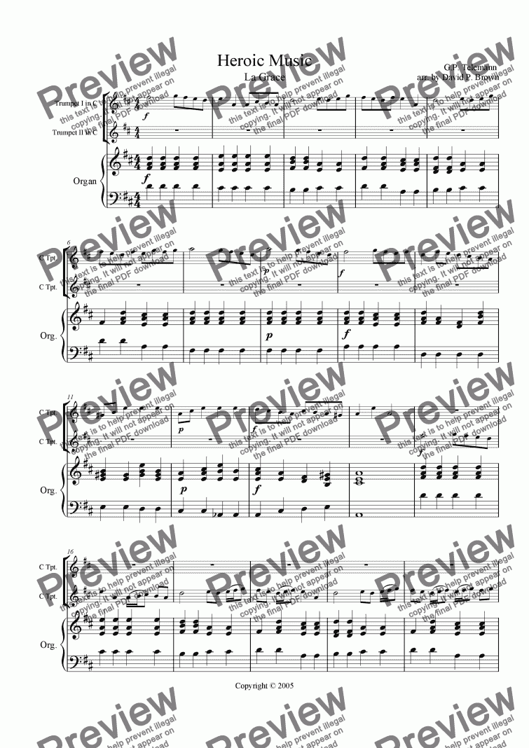 page one of Heroic Music "La Grace" for Two Trumpets and Organ