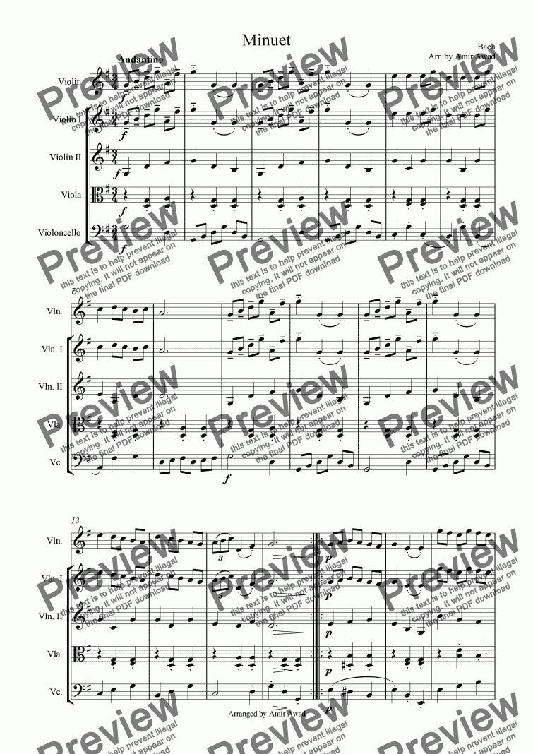 page one of Bach : Minuet from Anna Magdalena Bach