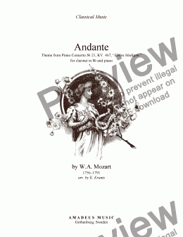 page one of Andante from piano concerto no. 21 (Elvira Madigan) for clarinet in Bb and easy piano