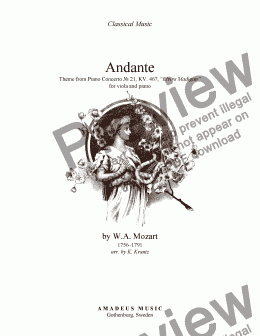 page one of Andante from piano concerto no. 21 (Elvira Madigan) for viola and easy piano