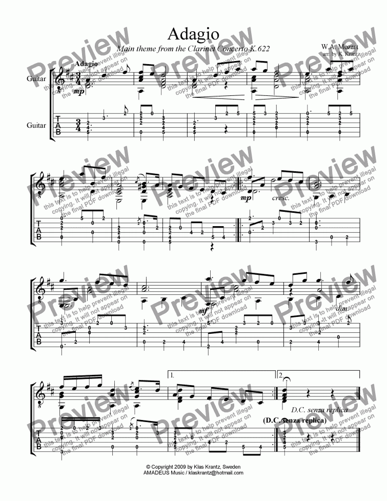 page one of Adagio from the Clarinet Concerto for guitar solo (+TAB)