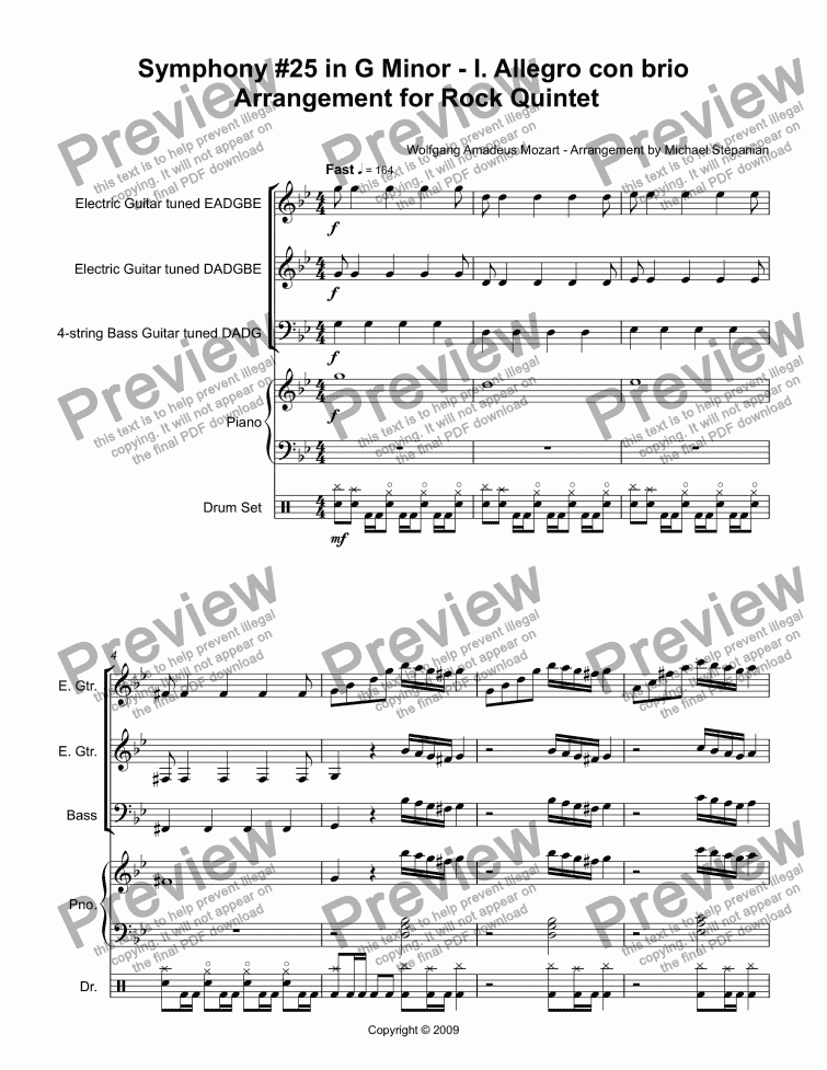 page one of Symphony #25 - I. Allegro con brio - Arrangement for Rock Quintet