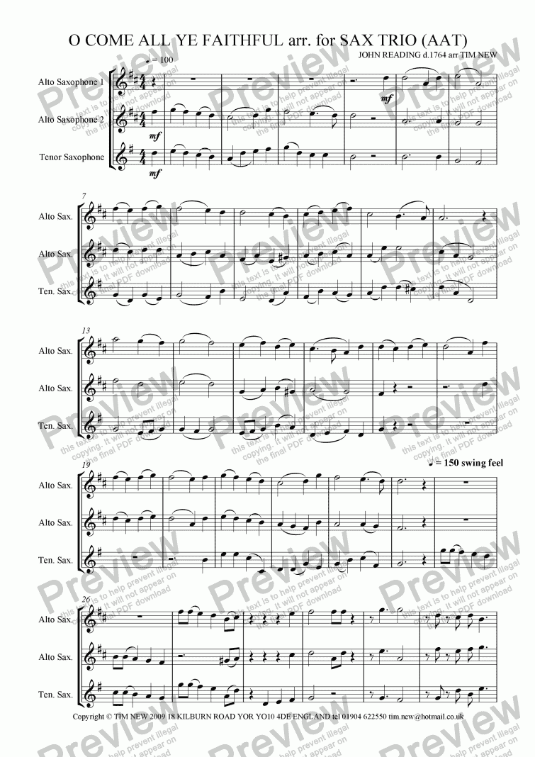 page one of O COME ALL YE FAITHFUL arr. for SAX TRIO (AAT)