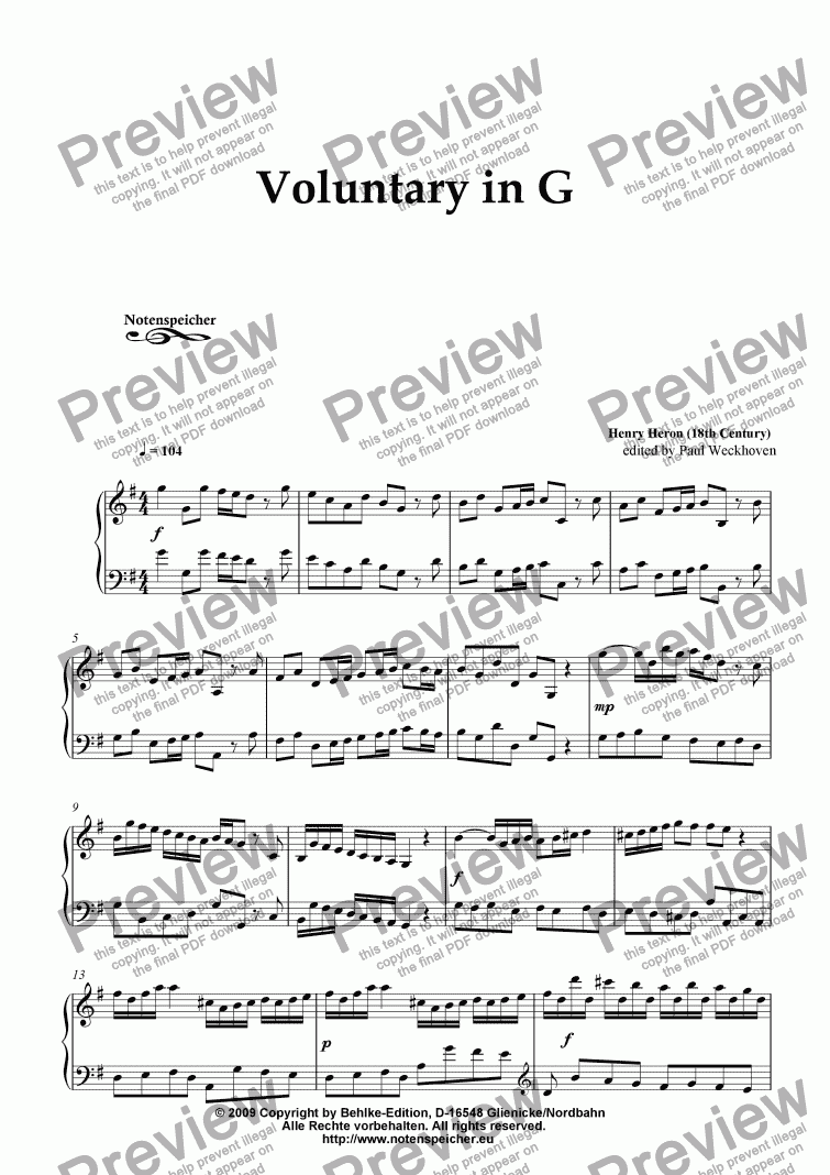 page one of Voluntary in G (for small organ by H. Heron)