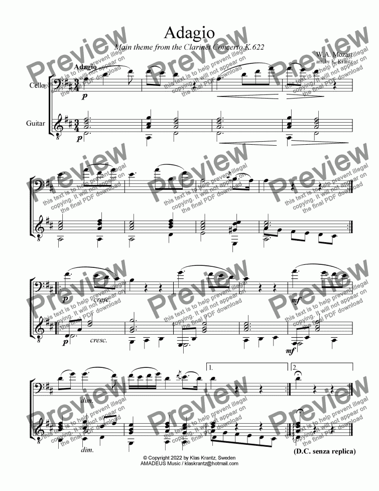 page one of Adagio from the Clarinet Concerto for cello and easy guitar