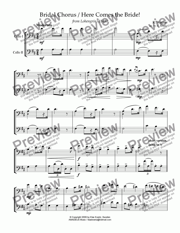 page one of Bridal chorus from Lohengrin - Here comes the bride! for cello duet