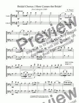 page one of Bridal chorus from Lohengrin - Here comes the bride! for cello duet (D major)