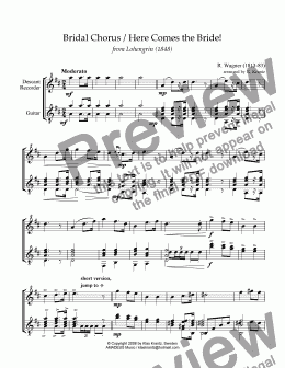 page one of Bridal chorus from Lohengrin - Here comes the bride! for descant recorder and guitar